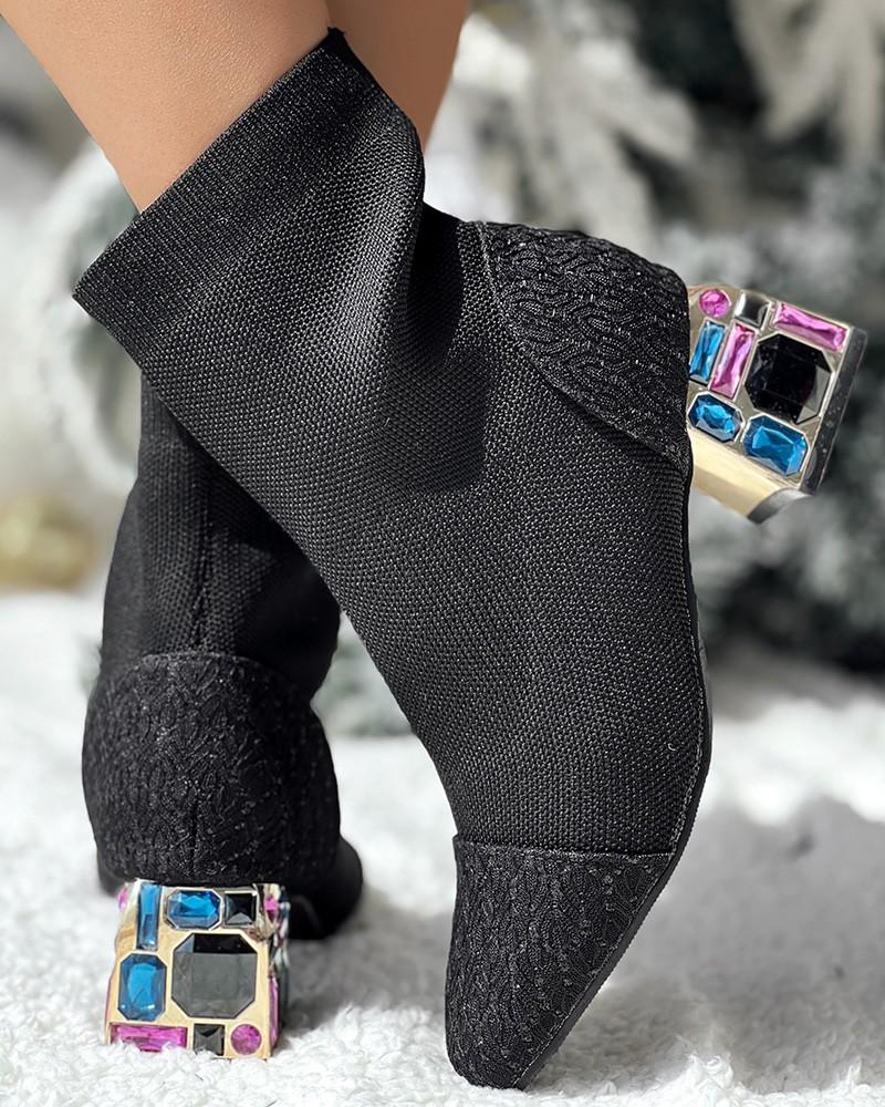 Rhinestone Chunky Heel Ankle Boots