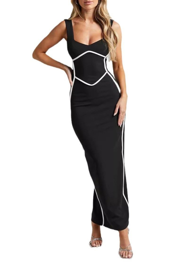 Contrast color tight hip wrap dress