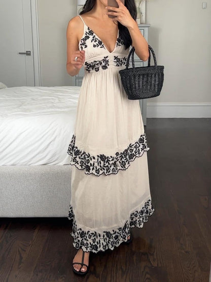 Embroidered Tiered Sling Dress