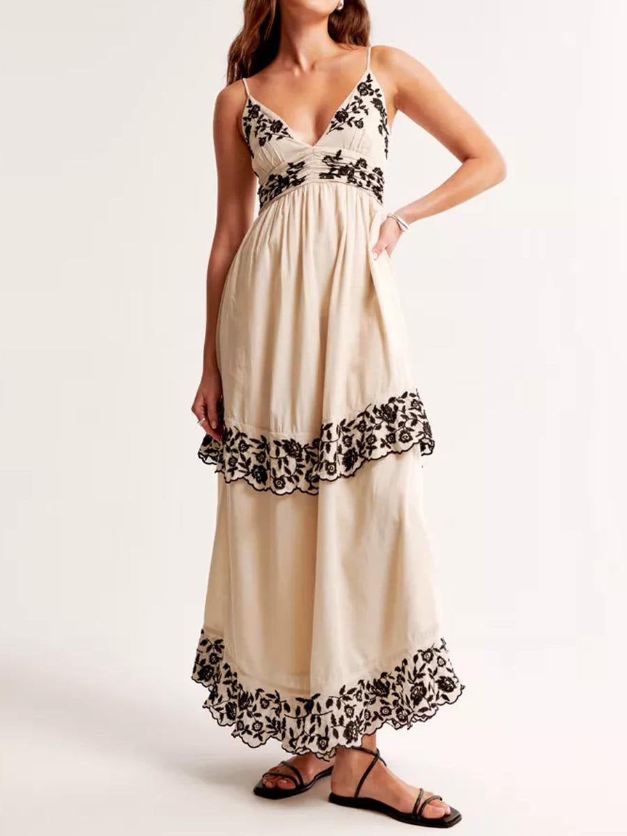 Embroidered Tiered Sling Dress