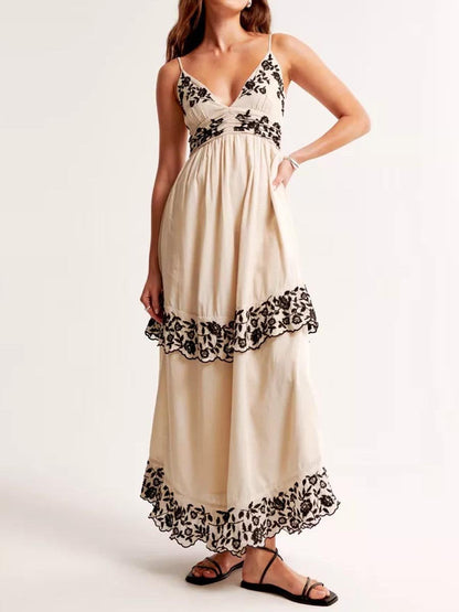 Embroidered Tiered Sling Dress