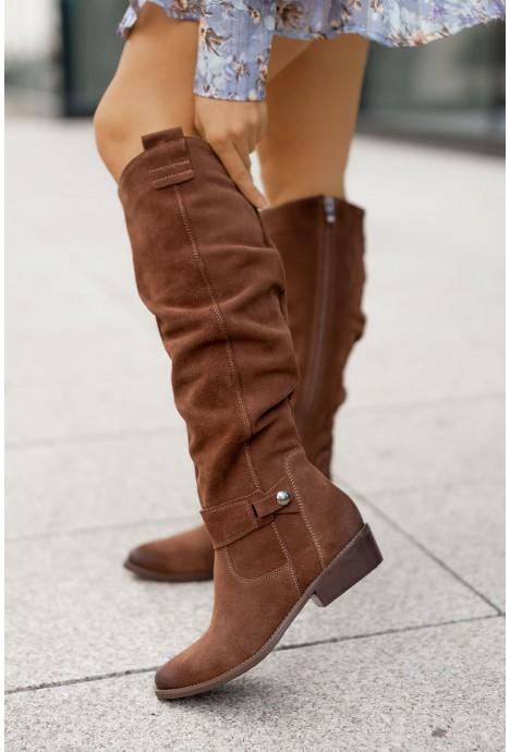 Low heel side zip suede high boots