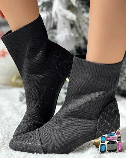 Rhinestone Chunky Heel Ankle Boots