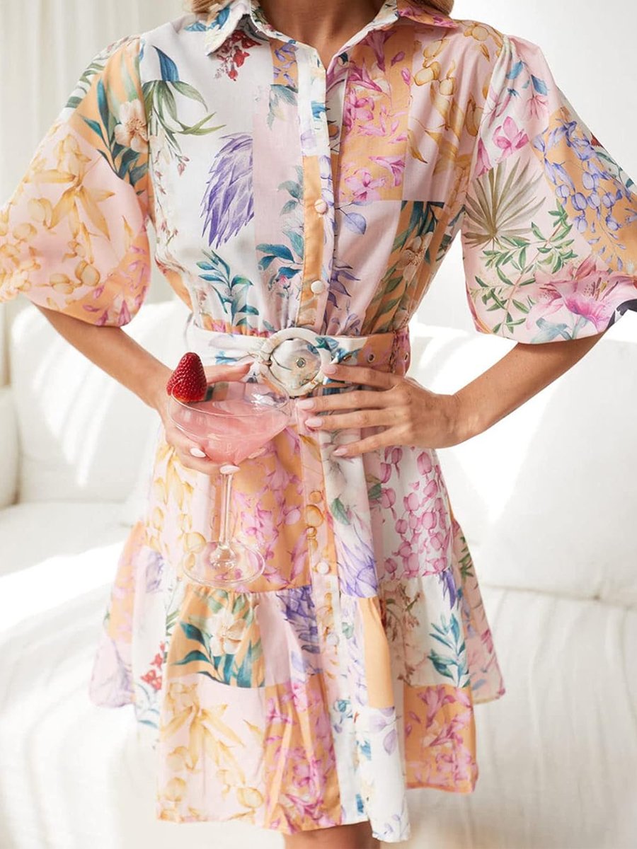 Printed Bohemian Short Sleeved Belt Mini Dress