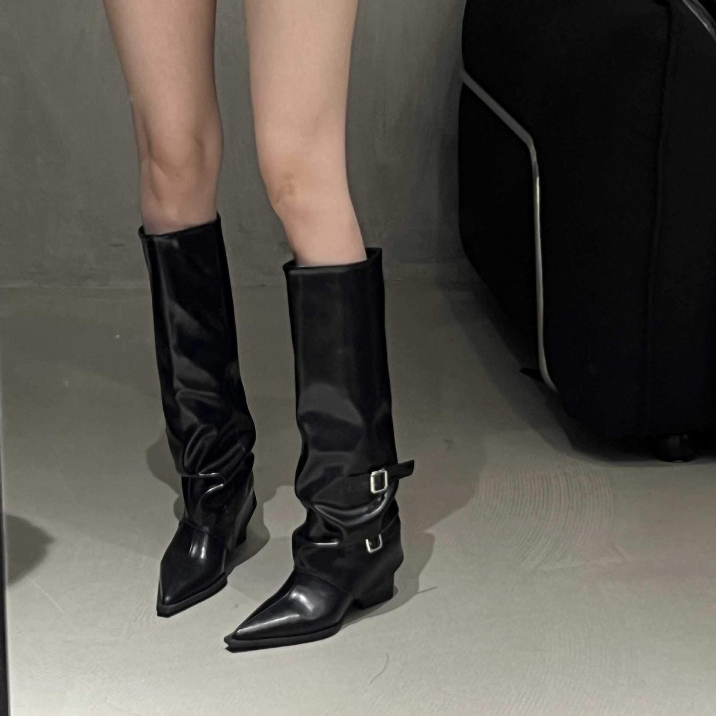 Fashionable belt buckle pointed toe thick heel boots