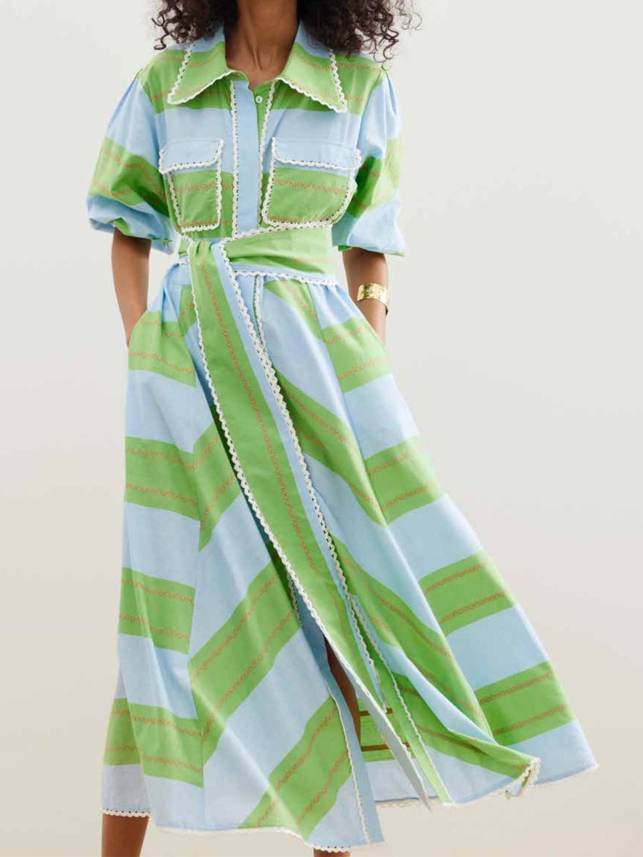 Pockets Printed Lace Up Maxi Dress