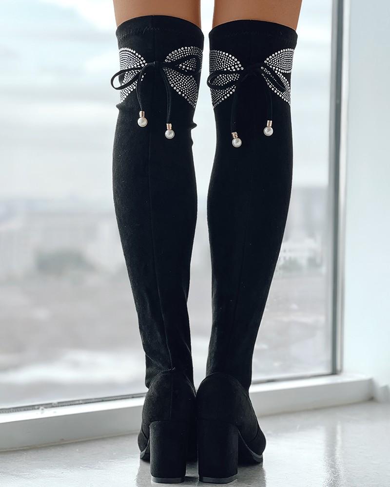 Rhinestone Butterfly Pattern Bow Thick Heel Boots