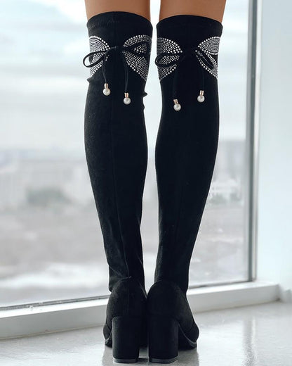 Rhinestone Butterfly Pattern Bow Thick Heel Boots