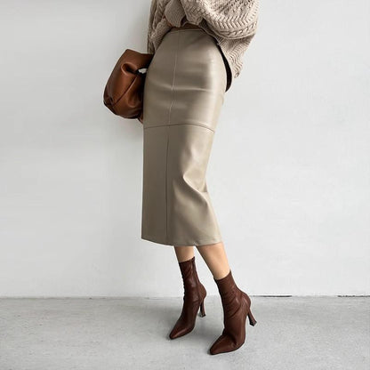 leather skirt high waist draped half skirt