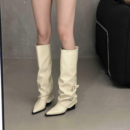 Fashionable belt buckle pointed toe thick heel boots