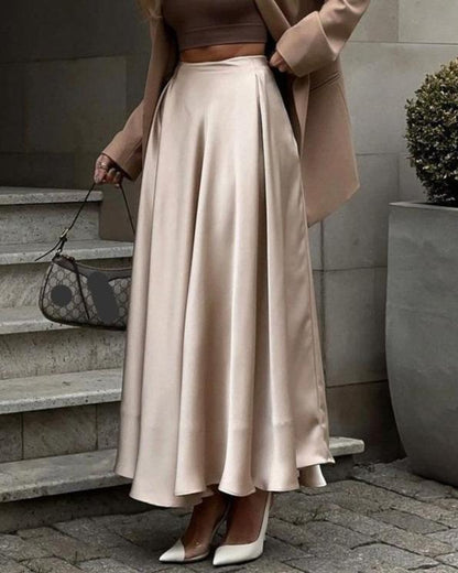 Elegant high-waisted satin long skirt