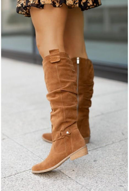 Low heel side zip suede high boots