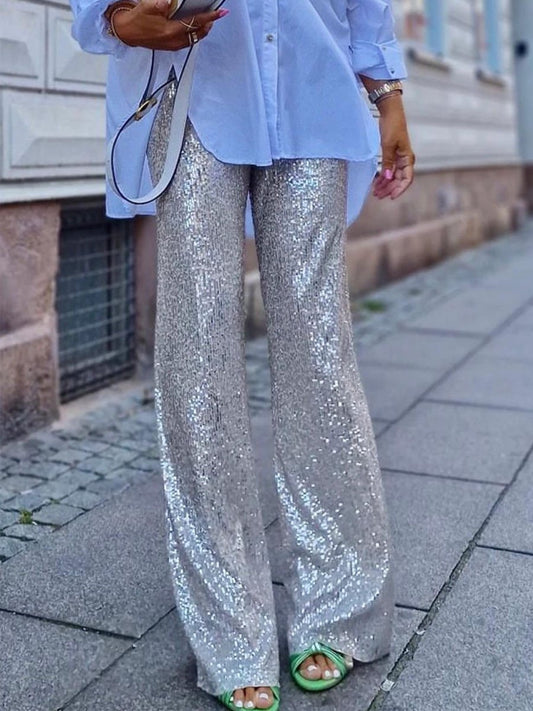 Solid Sequin Fashion Casual Straight Pants