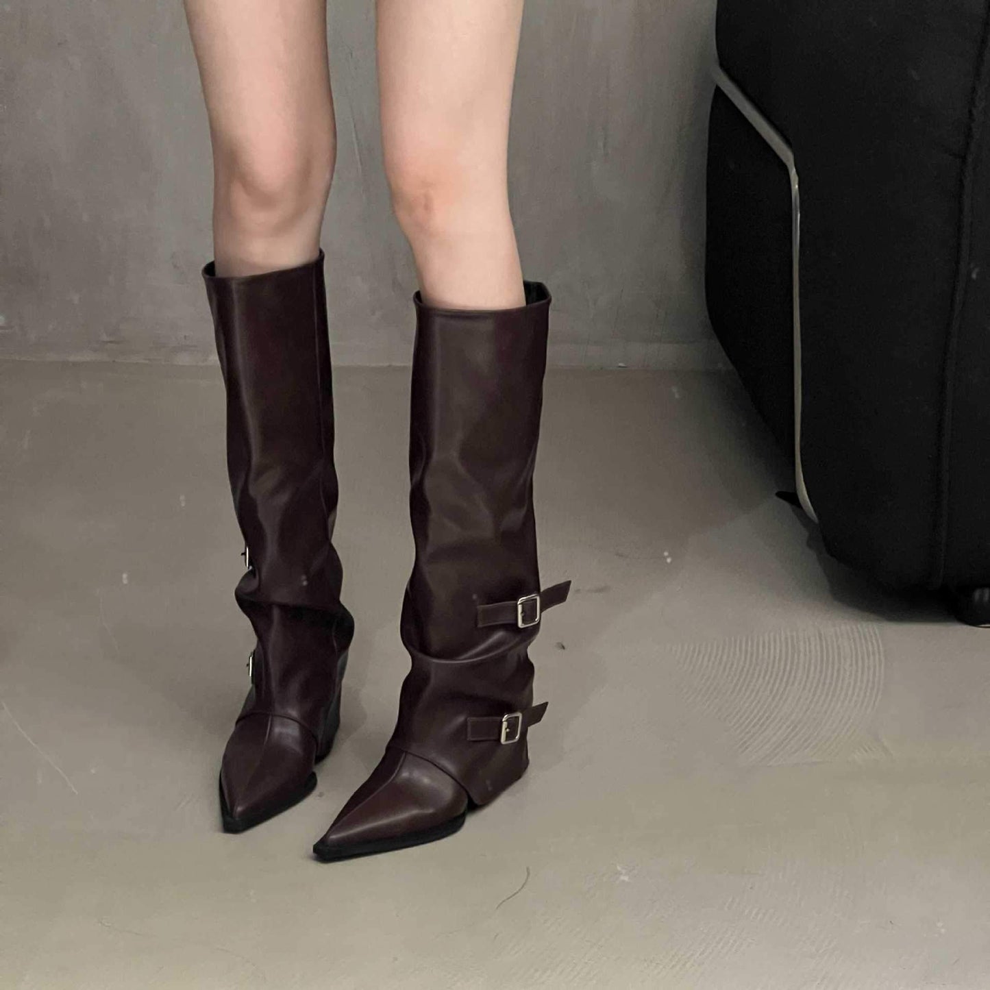 Fashionable belt buckle pointed toe thick heel boots