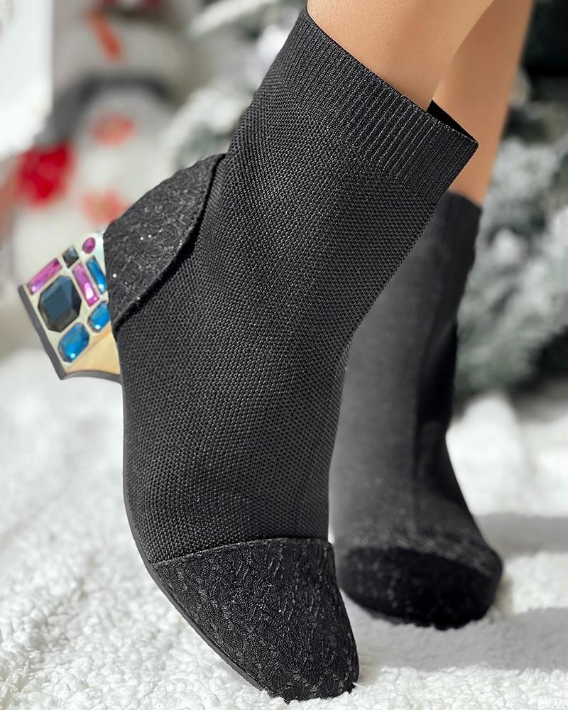 Rhinestone Chunky Heel Ankle Boots