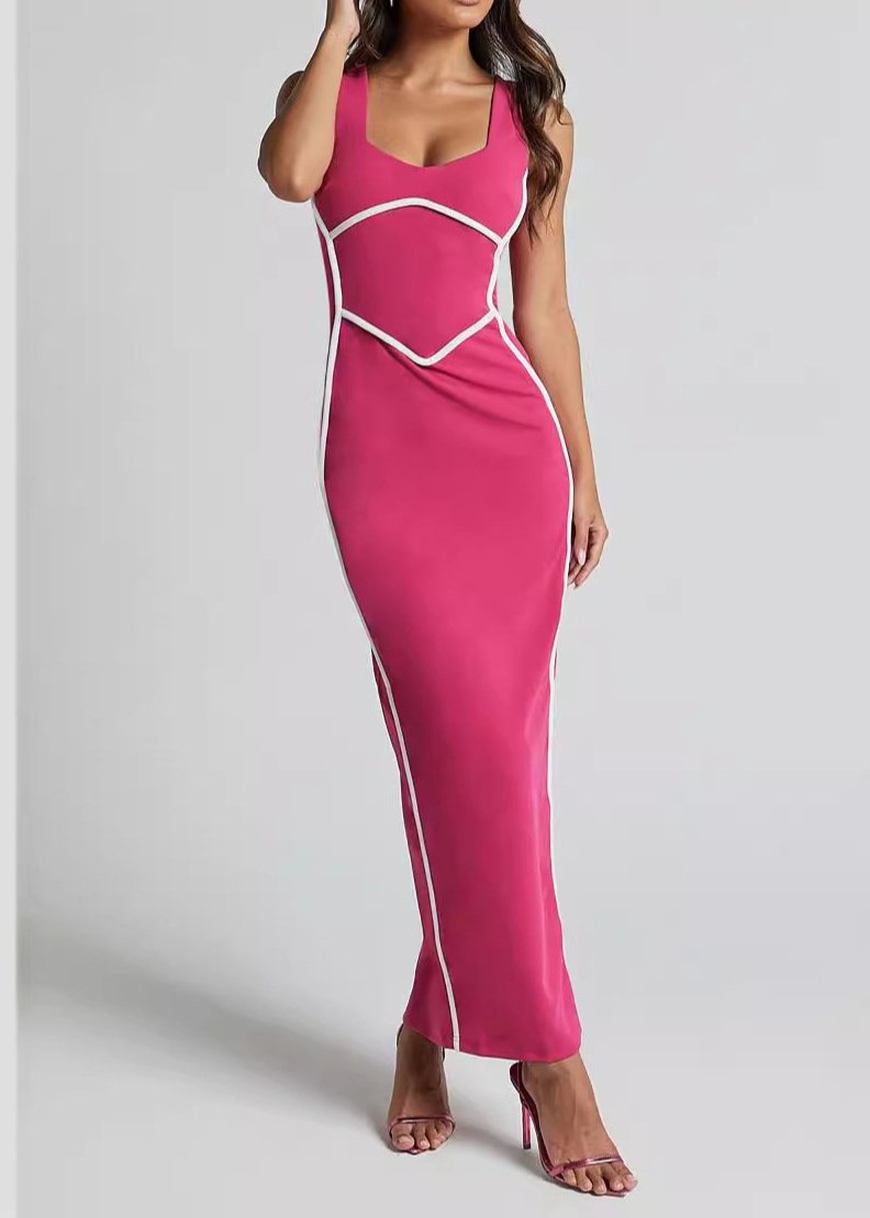 Contrast color tight hip wrap dress