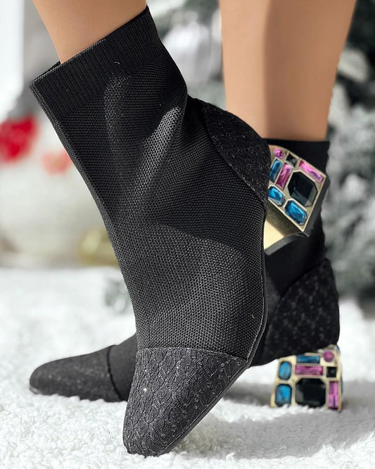 Rhinestone Chunky Heel Ankle Boots