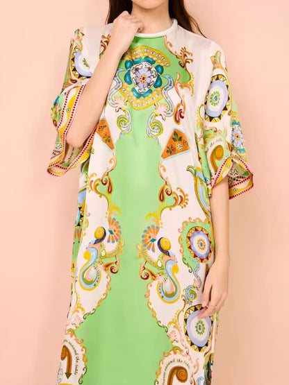 2024 Bell Sleeve Printed Vest Satin Dress