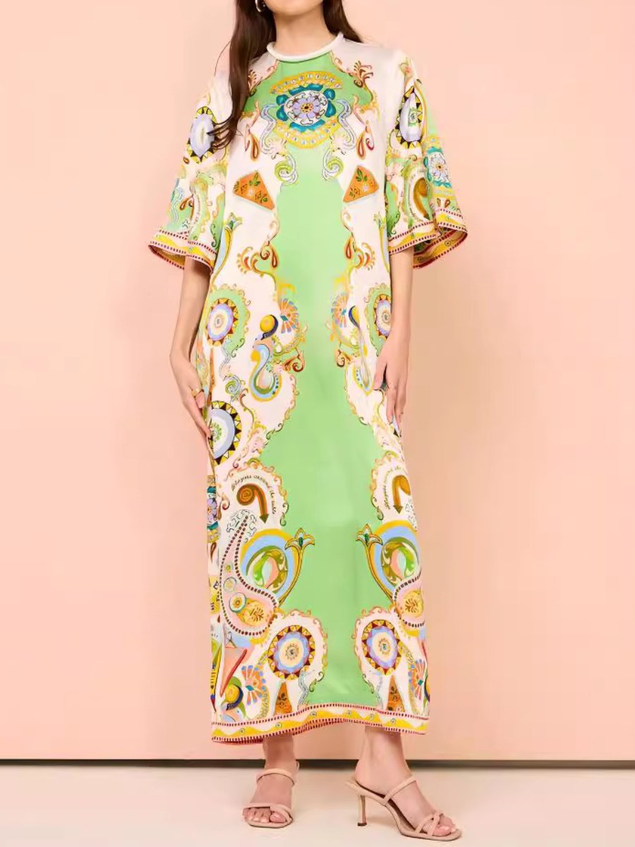 2024 Bell Sleeve Printed Vest Satin Dress