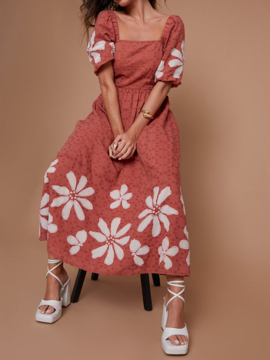 Puff Floral Applique Midi Dress