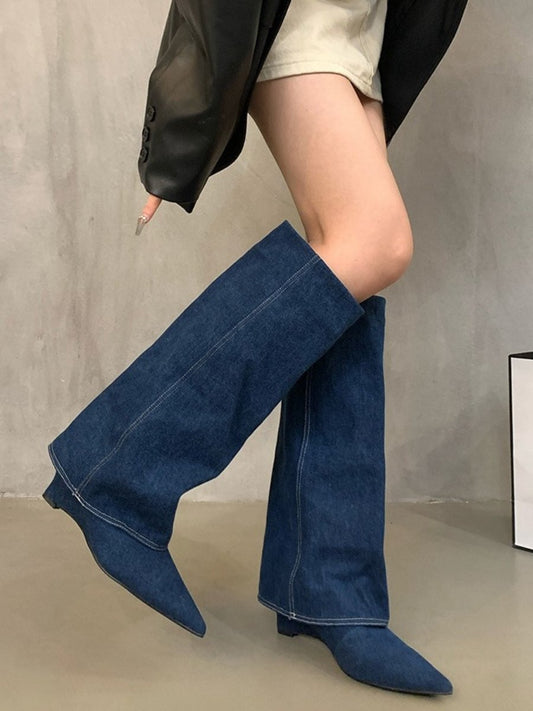 Vintage denim high heel boots