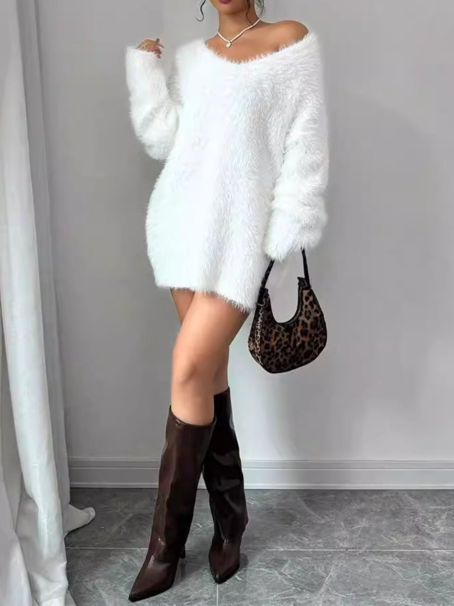 V-neck pullover knitted sweater dress