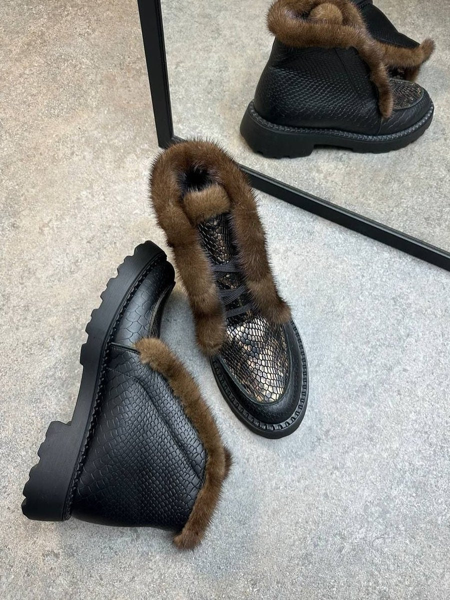 Ltalian Leather Fox Fur Ankle Boots