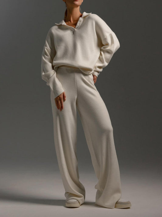 Polo collar sweater + wide-leg pants two-piece set