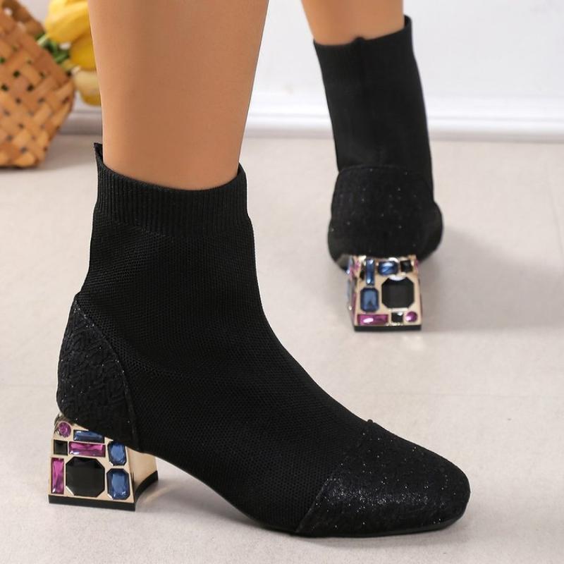 Rhinestone Chunky Heel Ankle Boots