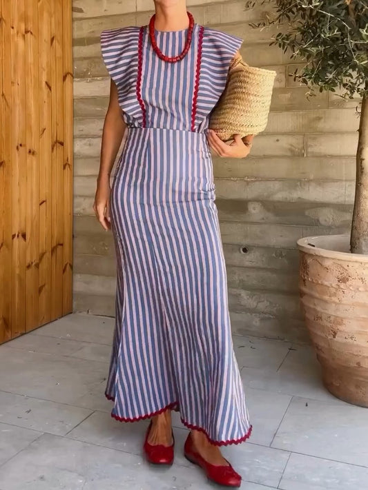 Long Blue Stripe Print Dress