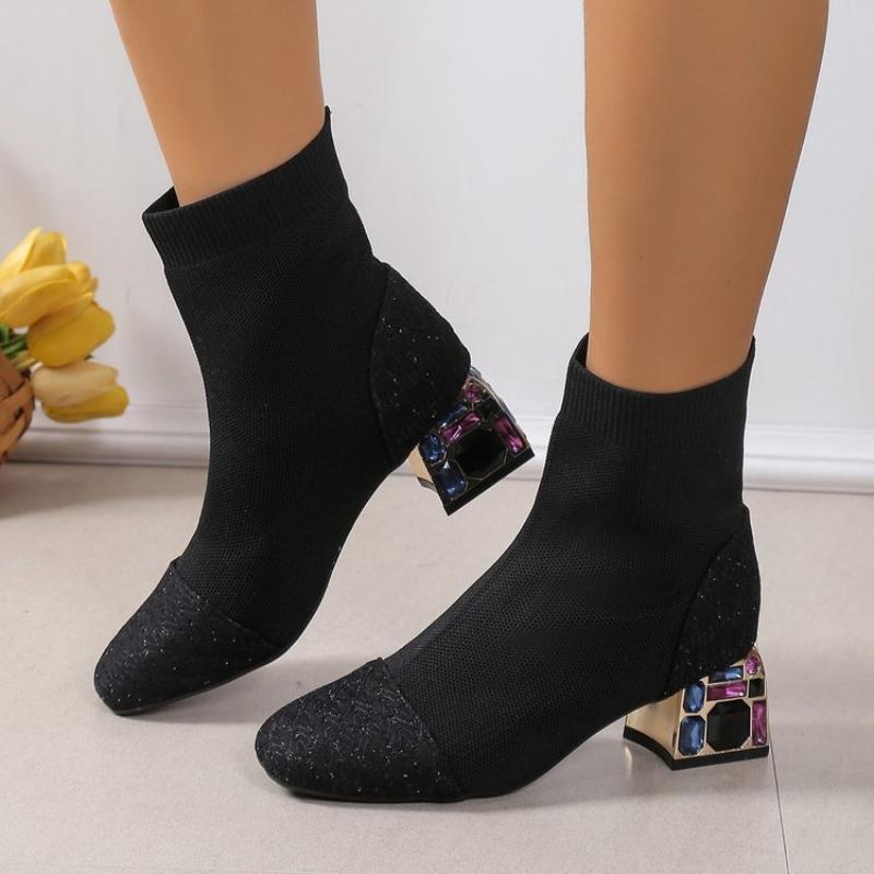 Rhinestone Chunky Heel Ankle Boots