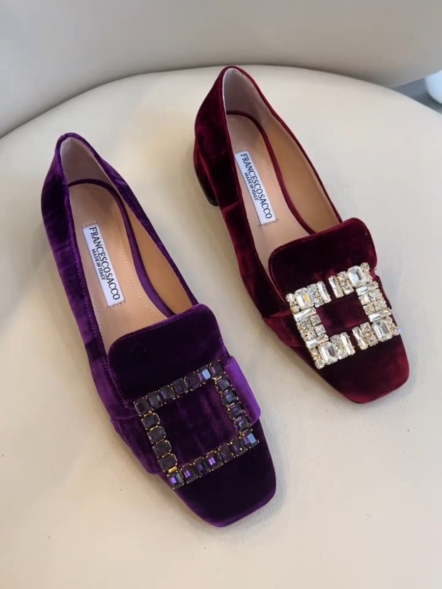 Elegant rhinestone velvet soft-soled flats